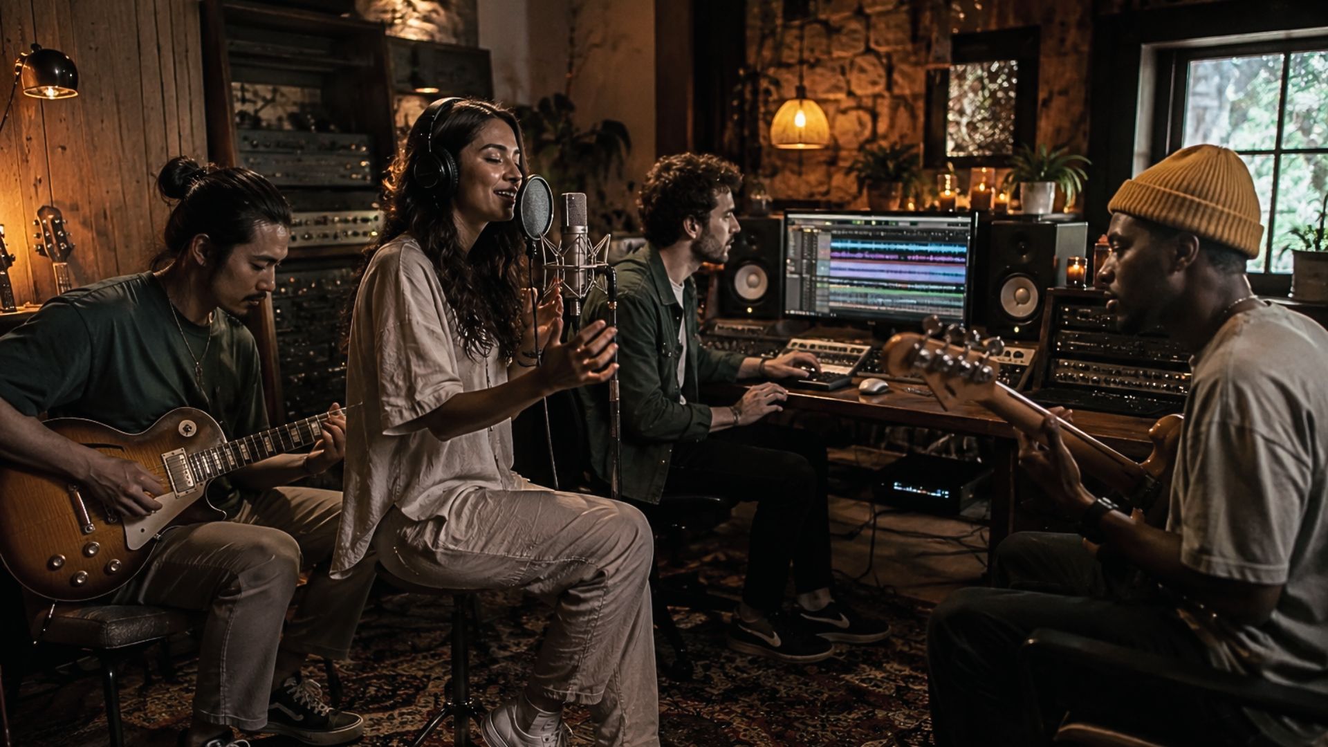 Singer and musicians tracking a session in a wooden studio